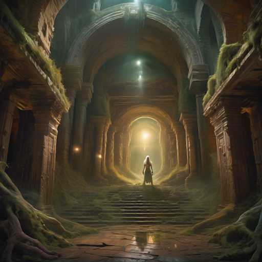 A lone figure stands at the end of a grand, ancient stone corridor. Lush moss and roots cling to weathered columns, bathed in a soft, ethereal light emanating from the far end. The scene evokes a sense of mystery and forgotten grandeur, with a painterly, slightly fantastical art style.