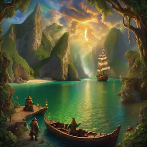 A serene, fantastical scene unfolds in a vibrant, emerald-green bay. Two figures in traditional clothing stand on a wooden dock, observing a small boat navigate towards a majestic sailing ship in the distance. Lush, mountainous cliffs frame the bay, bathed in a warm, golden light with soft mist clinging to the peaks. The art style is painterly and dreamlike, evoking a sense of peaceful adventure in a hidden, idyllic world.