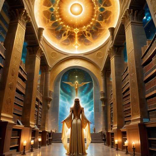 A majestic, ethereal library unfolds with a woman in a flowing golden gown standing at its center. She gazes upwards towards a radiant, golden celestial being suspended within an archway. Tall, ornate bookshelves line the space, bathed in warm candlelight and illuminated by a glowing, golden celestial dome. The overall style is fantastical and dreamlike, with a focus on light and grandeur.