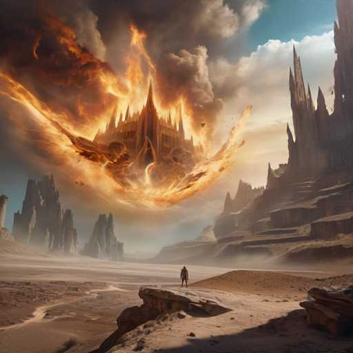 A colossal, fiery castle floats in a desolate, desert landscape. A lone figure stands on a rocky outcrop, gazing at the fantastical structure. The scene is rendered in a digital painting style with dramatic lighting and a sense of epic scale, emphasizing the otherworldly nature of the castle.