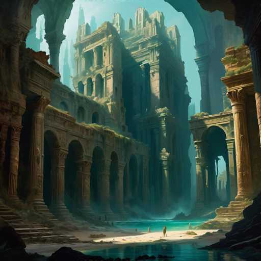 The image depicts a vast, ancient ruin complex nestled in a serene, turquoise lagoon. Imposing, weathered stone structures with crumbling columns and archways rise from the water, partially overgrown with lush vegetation. A lone figure stands on a sandy shore, gazing at the monumental architecture, emphasizing the scale and age of the site. The art style is a blend of fantasy and realism, with a slightly ethereal quality due to the soft lighting and atmospheric perspective.