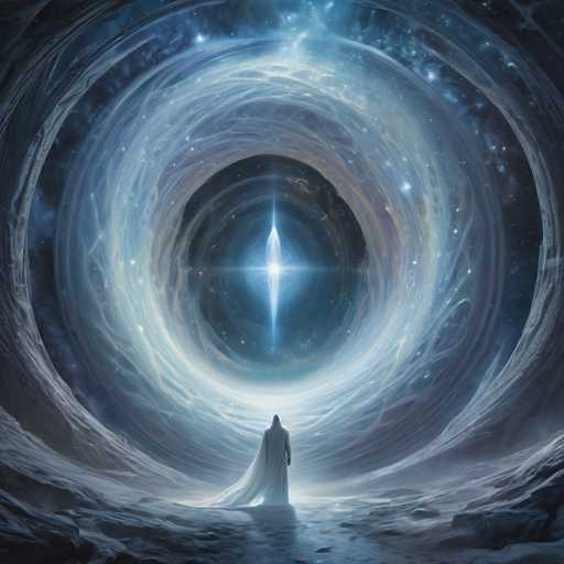 The image depicts a lone, cloaked figure standing at the precipice of a swirling, cosmic vortex. The figure is positioned in the foreground, facing a brilliant, glowing portal that dominates the center of the frame. The vortex is surrounded by swirling nebulae and distant stars, creating a sense of vastness and otherworldly depth. The overall art style is fantastical and ethereal, with a focus on light and dynamic movement.