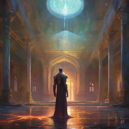 A lone, armored figure stands in a vast, ancient hall bathed in warm light. The scene is dominated by towering columns and archways, with a glowing, circular source of light hanging from the ceiling. The figure's silhouette is stark against the soft glow, emphasizing a sense of solitude and grandeur within the space. The art style is painterly and atmospheric, with a focus on light and shadow to create depth and mood.