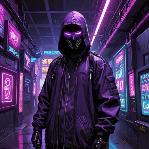 The image depicts a person wearing a purple hoodie and black gloves standing in the center of an industrial-looking room with neon signs and pipes on the walls. The individual is facing the camera directly, giving a clear view of their face and upper body.