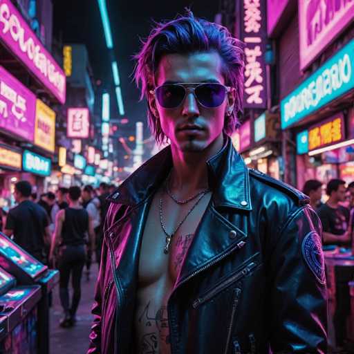The image depicts a young man wearing a black leather jacket and sunglasses standing on a street at night. The neon lights from the surrounding buildings create a vibrant atmosphere around him.