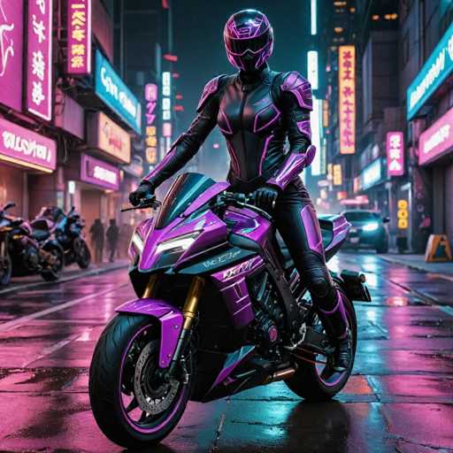 A person wearing a purple and black motorcycle suit is sitting on a purple and gold motorcycle with the number "3" displayed on it. The motorcycle has a large windshield and a small rear light. In the background, there are neon signs for a restaurant and a store, suggesting that this scene takes place in an urban setting.