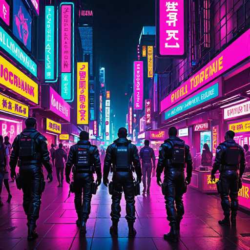 The image depicts five individuals dressed in black uniforms walking down a street at night. The street is illuminated by neon signs and buildings with pink and blue lights, creating an urban atmosphere. The perspective of the photo suggests it was taken from someone standing on the sidewalk, looking towards the group of people.