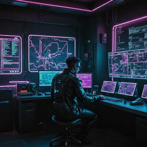 A person wearing a black leather jacket and glasses is seated at a desk with two computer monitors displaying a map of the world and a network diagram. The room has a dark purple hue and neon pink accents, creating an atmosphere of technological innovation and exploration.