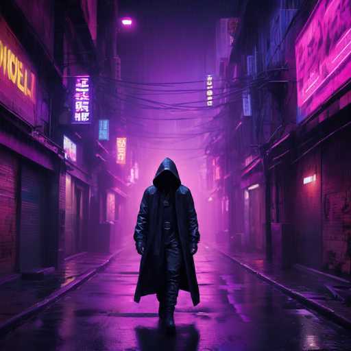The image depicts a person walking down a city street at night. The individual is wearing a long black coat and has their back facing the camera. The street is illuminated by neon signs that cast an eerie glow on the scene. The background features buildings with windows reflecting the lights from the signs, creating a sense of depth in the image.