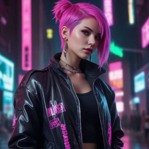 The image shows a young woman with pink hair and a black leather jacket standing on a city street at night. She is looking directly at the camera with an expression of determination or focus. The background includes neon lights from various buildings that illuminate the scene, creating a vibrant and dynamic atmosphere.