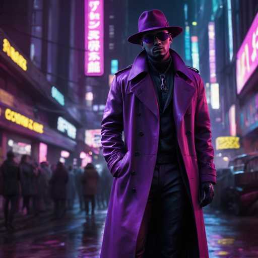 The image depicts a man dressed in a purple trench coat and black sunglasses walking down a city street at night. The man is wearing a fedora hat and has his hands tucked into his pockets. In the background, there are neon signs and buildings that add to the urban atmosphere of the scene.