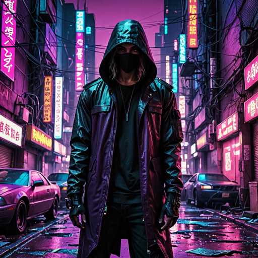 The image depicts a person wearing a black hoodie and face mask standing on the street at night with neon signs illuminating the surrounding area. The person is positioned centrally within the frame, facing towards the camera.