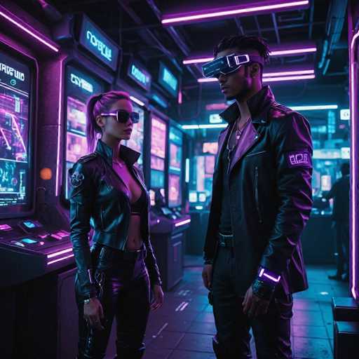 A man and woman stand in a futuristic room with neon purple lights illuminating the space. The man wears a black leather jacket and sunglasses, while the woman is dressed in a black leather outfit and has on a pair of virtual reality goggles.