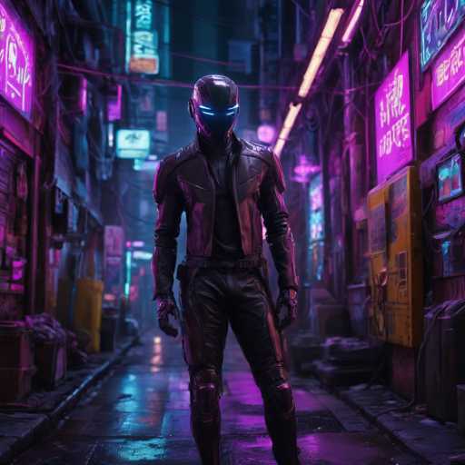 The image depicts a person dressed in a futuristic black suit and helmet standing on the sidewalk of a city street at night. The person is wearing gloves and has blue goggles on their head. The background features neon signs and buildings with purple and yellow lights, creating an urban atmosphere.