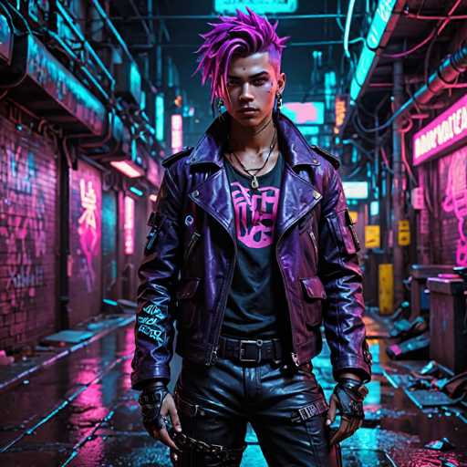 The image depicts a young man with vibrant purple hair and a black leather jacket standing on the sidewalk of a city street at night. The man is holding a phone in his hand, possibly capturing a moment or communicating with someone. The background features neon lights from various buildings lining the street, creating an urban atmosphere.
