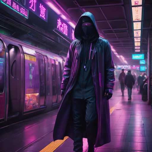 The image depicts a person wearing a black hoodie and pants walking on a train platform at night with neon signs illuminating the area. The individual is carrying a backpack and appears to be moving towards an unseen destination in the background.