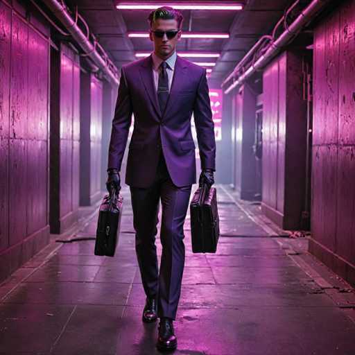 A man dressed in a purple suit and tie is walking down an alleyway with his briefcase in hand.