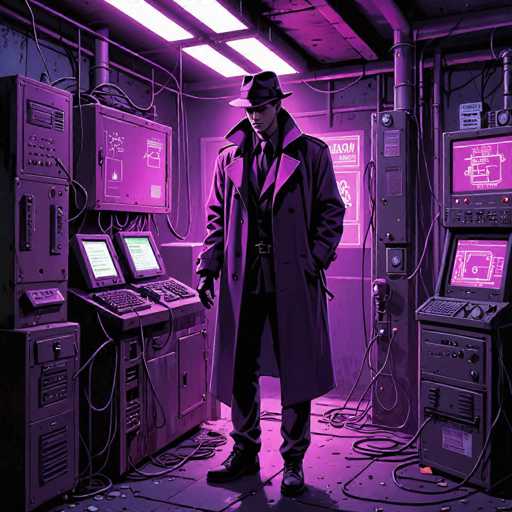 The image depicts a man dressed in a trench coat and fedora standing in front of a computer monitor with a keyboard on the left side. The room is filled with various electronic equipment, including monitors and keyboards, creating an atmosphere of technological innovation or perhaps a futuristic setting.