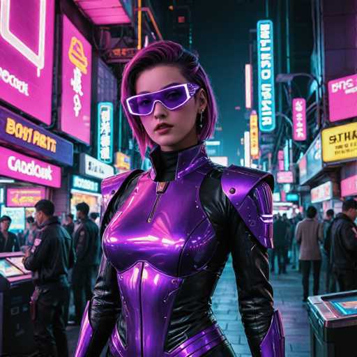 The image depicts a woman wearing a purple suit and sunglasses standing on a city street at night. The background is filled with neon signs and buildings, creating an urban atmosphere.