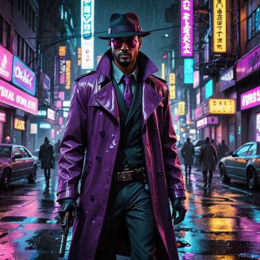 The image depicts a man dressed in a purple trench coat and black hat walking down a city street at night. The man is carrying a gun and wearing sunglasses. The background shows neon signs and buildings lining the street, creating an urban atmosphere.