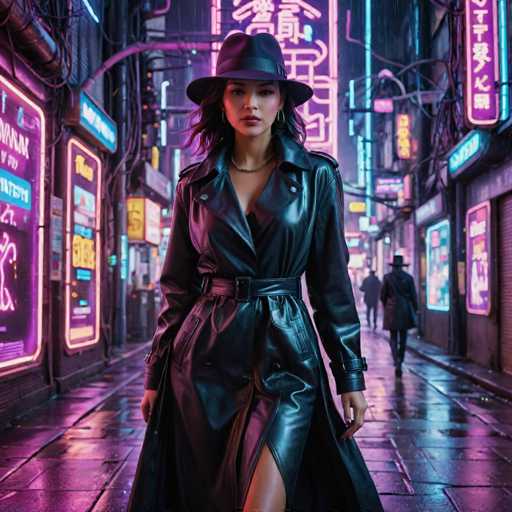 A woman is walking down a city street at night, wearing a black trench coat and hat with a silver chain around her neck. The neon lights from the buildings behind her cast an ethereal glow on her figure as she moves towards the camera.