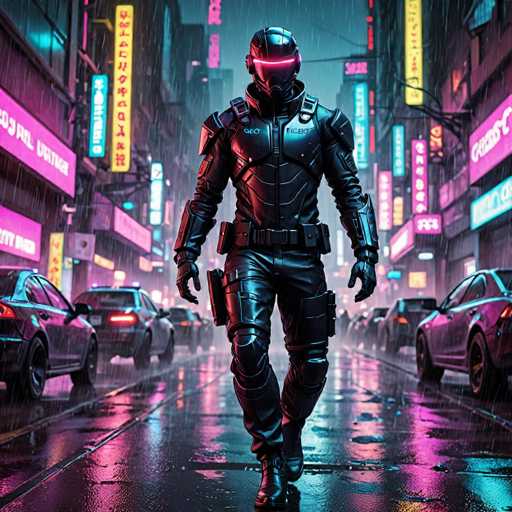 The image depicts a person dressed in a black suit and helmet walking down a wet city street at night. The street is lined with cars parked along the sides, and neon signs illuminate the scene, creating an urban atmosphere.