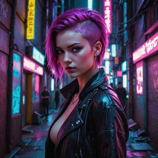 The image depicts a young woman with vibrant purple hair wearing a black leather jacket and standing on the sidewalk of an urban area at night. The background is filled with neon signs and buildings, creating a futuristic and edgy atmosphere.