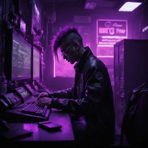 A person with a mohawk and glasses is sitting at a desk typing on a keyboard while wearing a leather jacket.