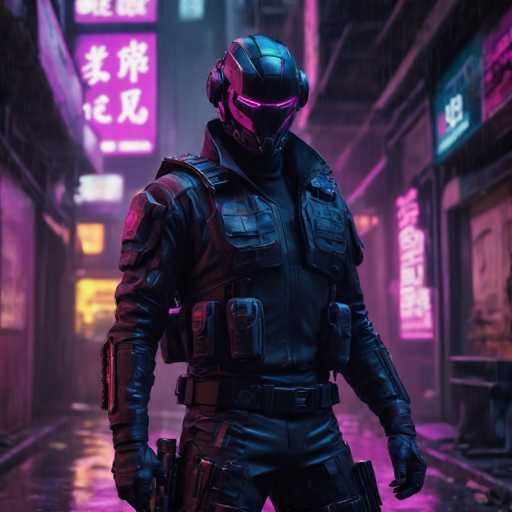 The image depicts a person dressed in a black suit and helmet standing on a street at night with neon signs illuminating the surroundings. The individual is holding a gun in their right hand while wearing gloves.