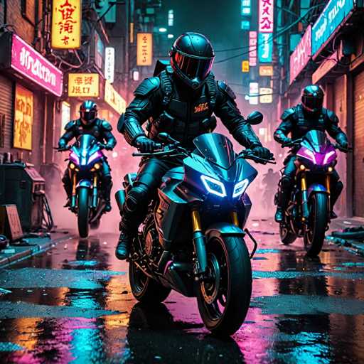 The image depicts three motorcyclists on motorcycles riding down a city street at night. The first motorcycle is black and has a rider wearing a helmet with a visor. The second motorcycle is blue and also has a rider wearing a helmet with a visor. The third motorcycle is silver and has a rider without a helmet, possibly a spectator or passerby.