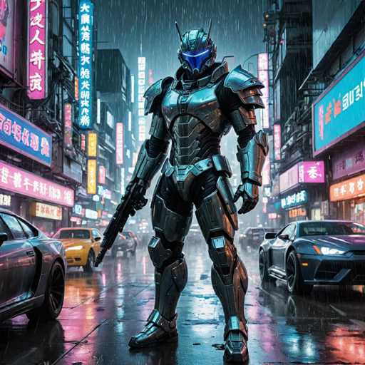 The image depicts a futuristic cityscape at night with neon signs and buildings illuminated by artificial lights. The central figure is a robot-like creature standing on the street wearing a helmet with blue goggles and holding a gun in its right hand.