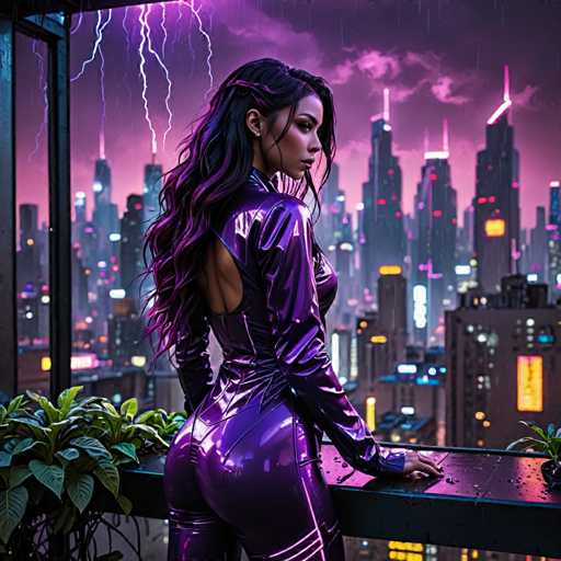 A woman stands on a balcony overlooking a cityscape at night. She is wearing a purple jumpsuit and has long dark hair that falls over her shoulders. The city below is illuminated by bright lights, creating a vibrant contrast with the dark sky above.