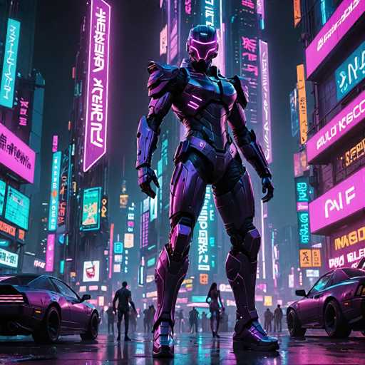 The image depicts a futuristic cityscape at night with neon signs and buildings illuminated by purple lights. The central figure is a robot-like creature standing on a street corner surrounded by people walking around it.