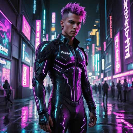 The image depicts a young man standing on a city street at night, wearing a futuristic black suit with neon purple accents and a matching helmet. The man is positioned in front of a building adorned with neon signs that glow against the dark sky. In the background, there are other people walking along the sidewalk, adding to the urban atmosphere.