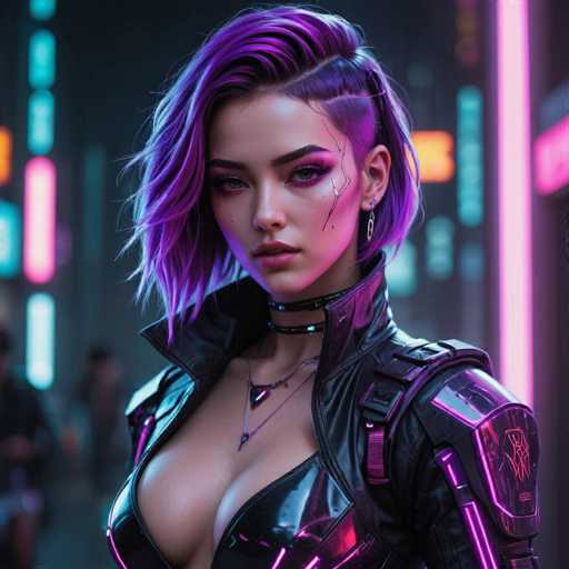 The image shows a close-up portrait of a woman with purple hair and a leather jacket. She is wearing a necklace that has multiple pendants on it. The background features neon lights in shades of pink and blue, creating an urban atmosphere.