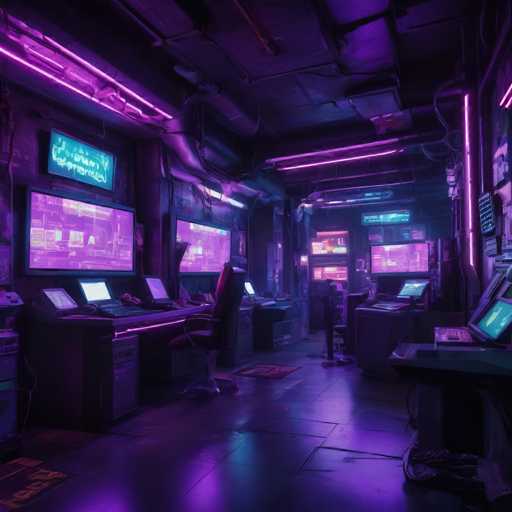 The image depicts an office space with a purple and black color scheme. The room is filled with various computer equipment including multiple monitors, keyboards, mice, and laptops scattered across the desks. The walls of the office are adorned with neon signs that glow in shades of pink and purple, creating a futuristic atmosphere. The floor is covered in a carpeted area, adding to the overall ambiance of the space.
