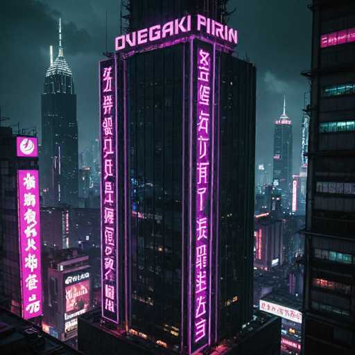 The image shows an aerial view of a city at night with neon signs and buildings illuminated by pink and purple lights. The tallest building has a sign that reads "OEGAKI PIRIN" in Japanese script.