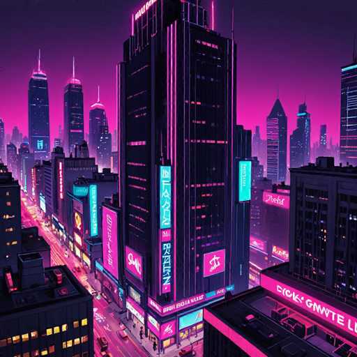 The image depicts a vibrant cityscape at night, with buildings illuminated by neon lights and their windows reflecting the surrounding environment. The sky above is dark, creating a stark contrast that highlights the colorful buildings below. The perspective of the photo is taken from a high vantage point, providing an aerial view of the city's layout and architectural features.