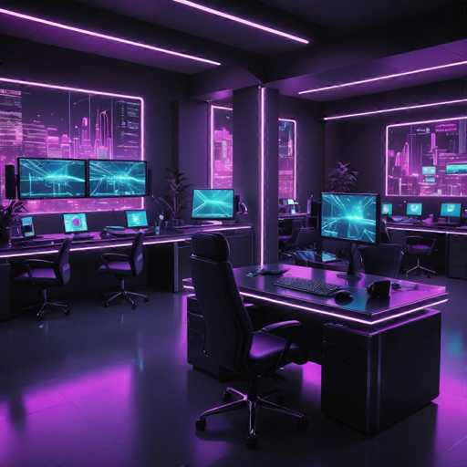 The image depicts an office space with a futuristic aesthetic. The room is filled with computer monitors and desks, creating an atmosphere of technological innovation. The walls are painted in a dark purple color, providing a stark contrast to the white ceiling that features pink neon lights. The desks are arranged in rows, each accompanied by a chair for the occupant. A large window on one wall allows natural light to enter the space, while a plant is placed on another desk.