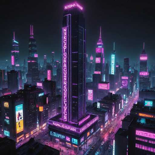 The image presents an aerial view of a city at night, dominated by neon lights and towering buildings. The tallest building is the "Nekonk" theater, which stands out with its purple neon sign that reads "Nekonk". Other prominent structures include the "Nekonk" theater and the "Nekonk" theater in the distance. The cityscape is illuminated by a variety of colorful lights, creating a vibrant and dynamic scene.