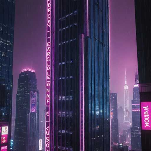 The image shows a cityscape at night with tall buildings illuminated by pink neon lights. The tallest building is the Empire State Building, which stands out against the dark sky and other structures below it. The perspective of the photo is from a high angle, providing an overview of the city's skyline.