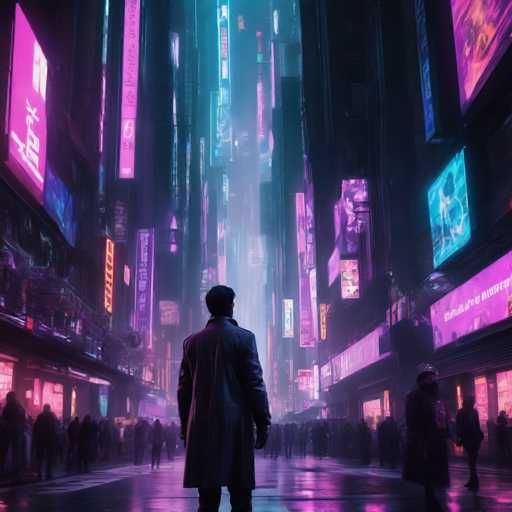 The image depicts a bustling city street at night with tall buildings on either side and neon signs illuminating the scene. The perspective is from someone standing on the sidewalk, looking out over the busy street below.