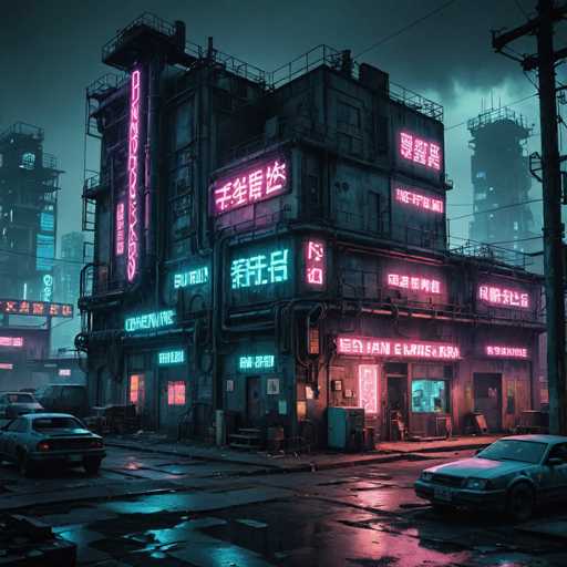 The image depicts a neon-lit building with a large sign that reads "Coffee House" and "Café". The building is situated on a street corner, surrounded by other buildings in the background. A car can be seen parked outside of the coffee house.