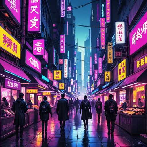 The image depicts a bustling street scene in Japan at night. The street is lined with neon signs and illuminated shops, creating a vibrant atmosphere. A group of people can be seen walking down the street, adding to the lively ambiance. The perspective of the photo is taken from ground level, looking up towards the towering buildings that line both sides of the street.