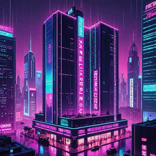 The image depicts a futuristic cityscape at night, with neon-lit buildings and signs that glow in shades of pink and purple against the dark sky. The perspective is from street level, looking up towards the towering structures. The buildings are adorned with various advertisements and signs, adding to the urban atmosphere. The scene is bathed in a soft light, creating an ethereal ambiance.