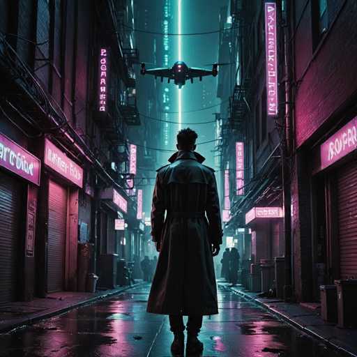 The image depicts a man standing alone on a city street at night, wearing a long coat and facing away from the camera. The street is lined with buildings that glow pink and blue neon lights, creating an urban atmosphere. In the background, there's a plane flying overhead, adding to the sense of movement and energy in the scene.