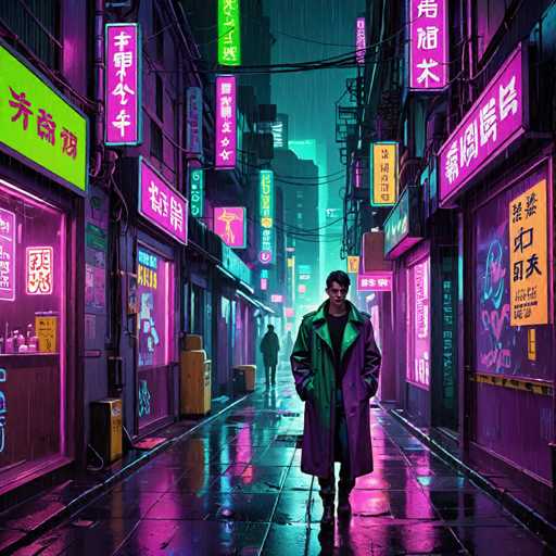 The image depicts a man walking down a street at night in an urban setting with neon signs and buildings illuminated by bright lights. The man is wearing a green coat and carrying a black bag as he walks towards the camera.