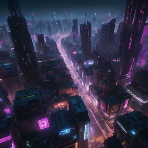 The image presents an aerial view of a cityscape at night, dominated by tall buildings with neon lights and billboards lining the streets. The city is bathed in a soft purple hue, creating a surreal atmosphere. The perspective is from above, providing a comprehensive look down on the urban landscape below.