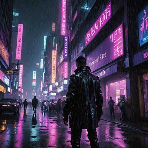 The image depicts a bustling city street at night, with neon signs and buildings illuminated by bright lights. A man wearing a black leather jacket is walking down the sidewalk, surrounded by other people going about their business. The perspective of the photo is from behind the man in the leather jacket, giving an impression of being part of the crowd on the sidewalk.