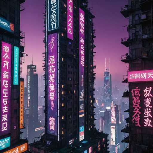 The image depicts a futuristic cityscape at night, with tall buildings illuminated by neon lights and billboards displaying Chinese characters. The perspective is from a high angle, providing an overview of the city's layout and architectural design.